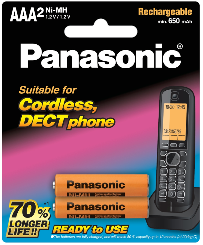 Panasonic NI-MH 2AAA PACK Rechargeable Batteries For cordless DECT phones (BK-4LDAW/2BT)
